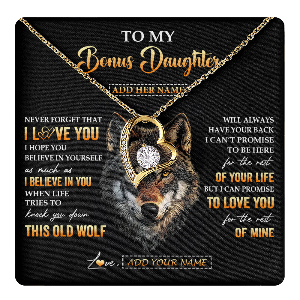 Forever Love Necklace 18K Yellow Gold Finish | 1 | Personalized To My Bonus Daughter Gifts From Stepdad Stepmom Necklace Old Wolf Love You Stepdaughter Birthday Gifts Graduation Christmas Gift Box Message Card | teecentury
