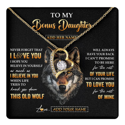 Forever Love Necklace 18K Yellow Gold Finish | 1 | Personalized To My Bonus Daughter Gifts From Stepdad Stepmom Necklace Old Wolf Love You Stepdaughter Birthday Gifts Graduation Christmas Gift Box Message Card | teecentury