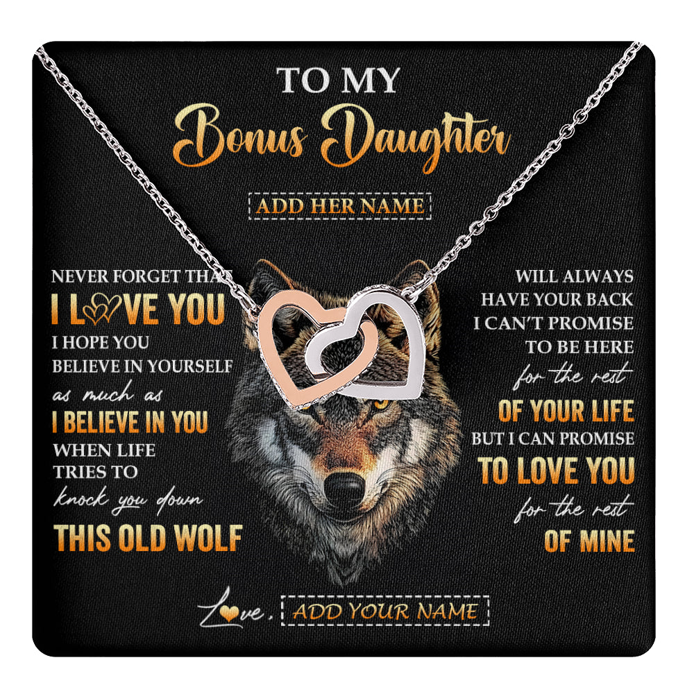 Interlocking Hearts Necklace Stainless Steel & Rose Gold Finish | 1 | Personalized To My Bonus Daughter Gifts From Stepdad Stepmom Necklace Old Wolf Love You Stepdaughter Birthday Gifts Graduation Christmas Gift Box Message Card | teecentury