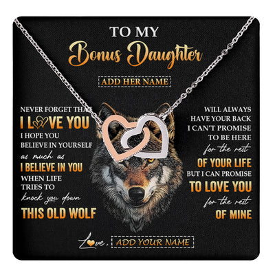 Interlocking Hearts Necklace Stainless Steel & Rose Gold Finish | 1 | Personalized To My Bonus Daughter Gifts From Stepdad Stepmom Necklace Old Wolf Love You Stepdaughter Birthday Gifts Graduation Christmas Gift Box Message Card | teecentury