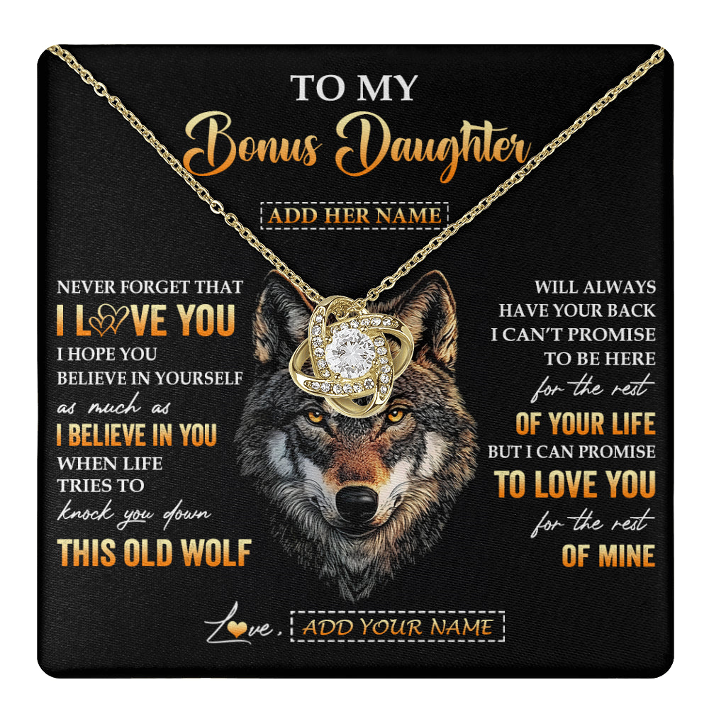 Love Knot Necklace 18K Yellow Gold Finish | 1 | Personalized To My Bonus Daughter Gifts From Stepdad Stepmom Necklace Old Wolf Love You Stepdaughter Birthday Gifts Graduation Christmas Gift Box Message Card | teecentury