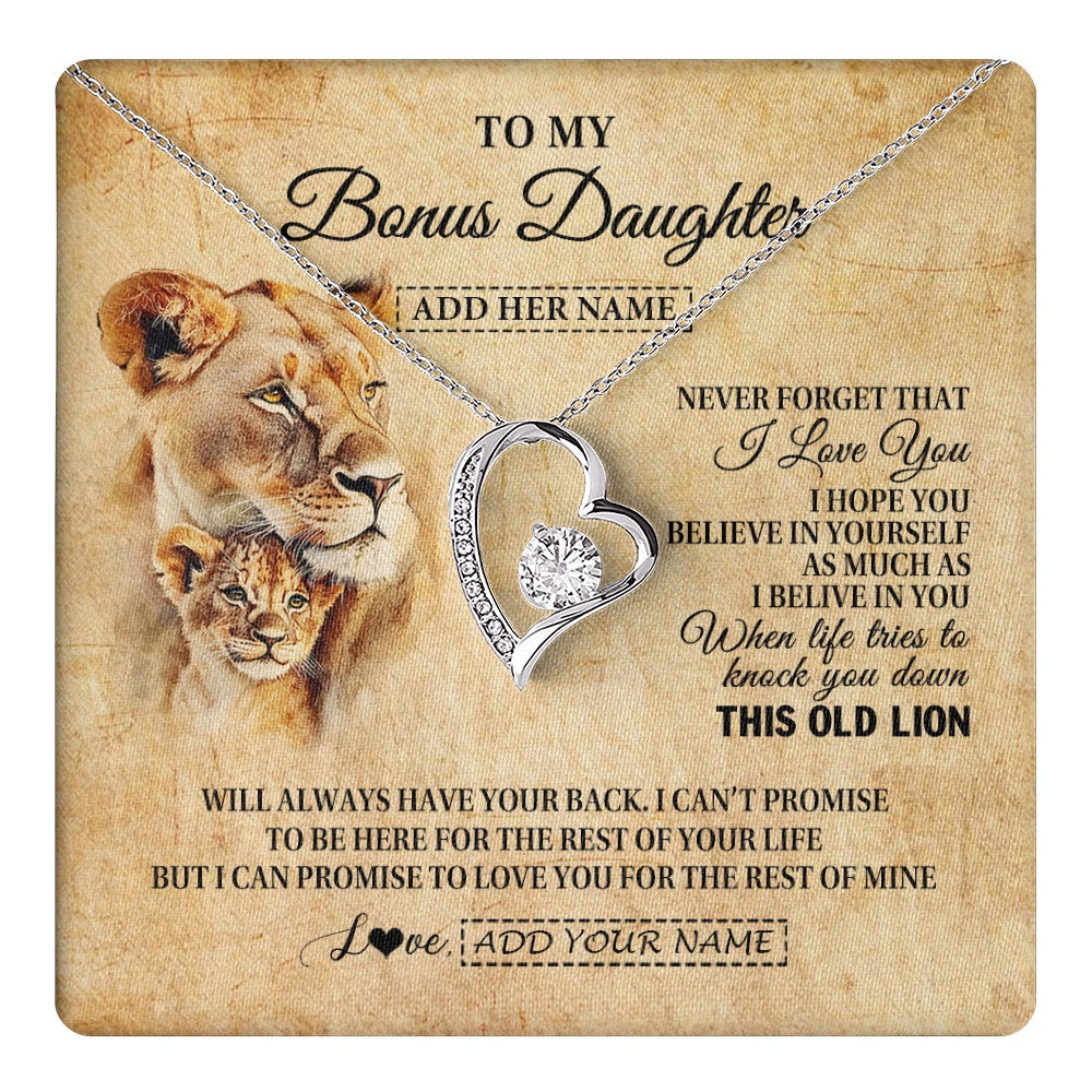 Forever Love Necklace 14K White Gold Finish | 1 | Personalized To My Bonus Daughter Gifts From Stepmom Lion Necklace I Love You Stepdaughter Birthday Gifts Graduation Christmas Custom Gift Box Message Card | teecentury.myshopify