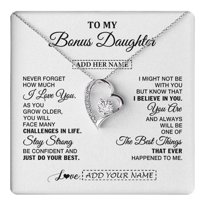 Forever Love Necklace 14K White Gold Finish | 1 | Personalized To My Bonus Daughter Gifts From Stepmom Necklace I Love You Thoughtful Keepsake Gift Stepdaughter Birthday Christmas Custom Gift Box Message Card | https://teecentury.
