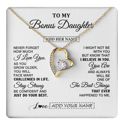 Forever Love Necklace 18K Yellow Gold Finish | 1 | Personalized To My Bonus Daughter Gifts From Stepmom Necklace I Love You Thoughtful Keepsake Gift Stepdaughter Birthday Christmas Custom Gift Box Message Card | https://teecentury.