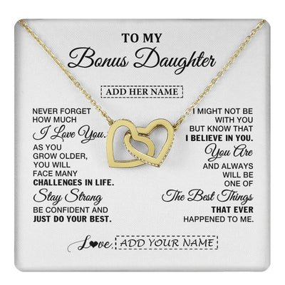 Interlocking Hearts Necklace 18K Yellow Gold Finish | 1 | Personalized To My Bonus Daughter Gifts From Stepmom Necklace I Love You Thoughtful Keepsake Gift Stepdaughter Birthday Christmas Custom Gift Box Message Card | https://teecentury.