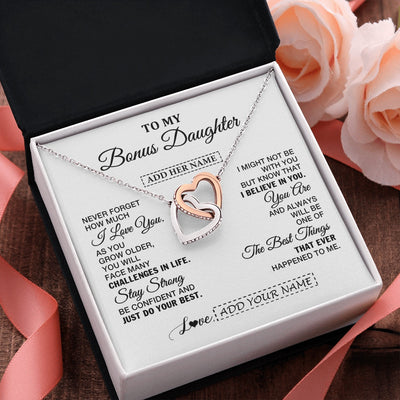 Interlocking Hearts Necklace Stainless Steel & Rose Gold Finish | 2 | Personalized To My Bonus Daughter Gifts From Stepmom Necklace I Love You Thoughtful Keepsake Gift Stepdaughter Birthday Christmas Custom Gift Box Message Card | https://teecentury.