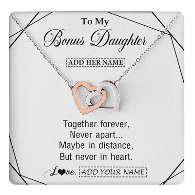 Interlocking Hearts Necklace Stainless Steel & Rose Gold Finish | 1 | Personalized To My Bonus Daughter Gifts From Stepmom Necklace Together Forever With Heartfelt Message Stepdaughter Birthday Christmas Gift Box Message Card | https://teecentury.