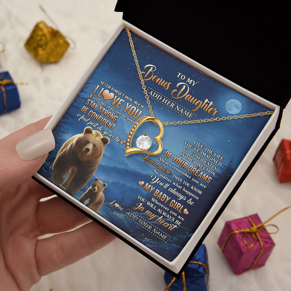 Forever Love Necklace 18K Yellow Gold Finish | 2 | Personalized To My Bonus Daughter Gifts From Stepmom Step Necklace Bear Never Forget How Much I Love You Stepdaughter Birthday Christmas Gift Box Message Card | teecentury.myshopify
