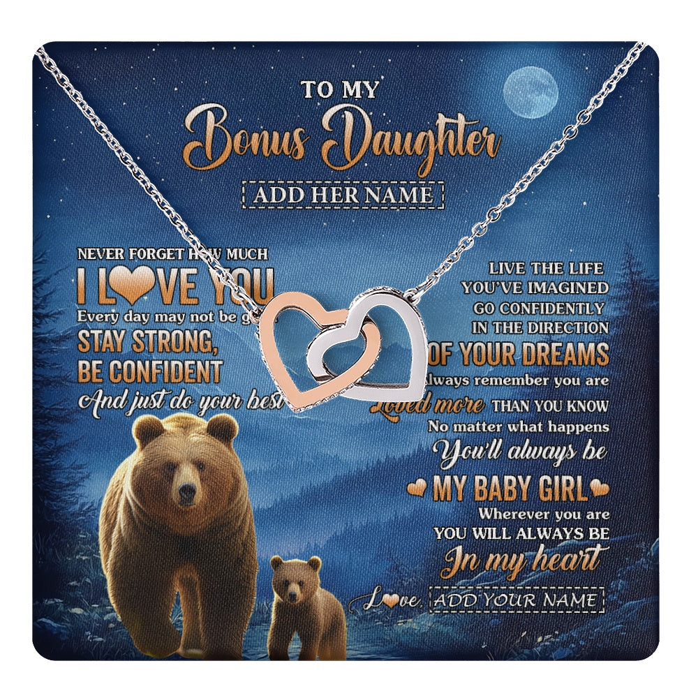 Interlocking Hearts Necklace Stainless Steel & Rose Gold Finish | 1 | Personalized To My Bonus Daughter Gifts From Stepmom Step Necklace Bear Never Forget How Much I Love You Stepdaughter Birthday Christmas Gift Box Message Card | teecentury.myshopify