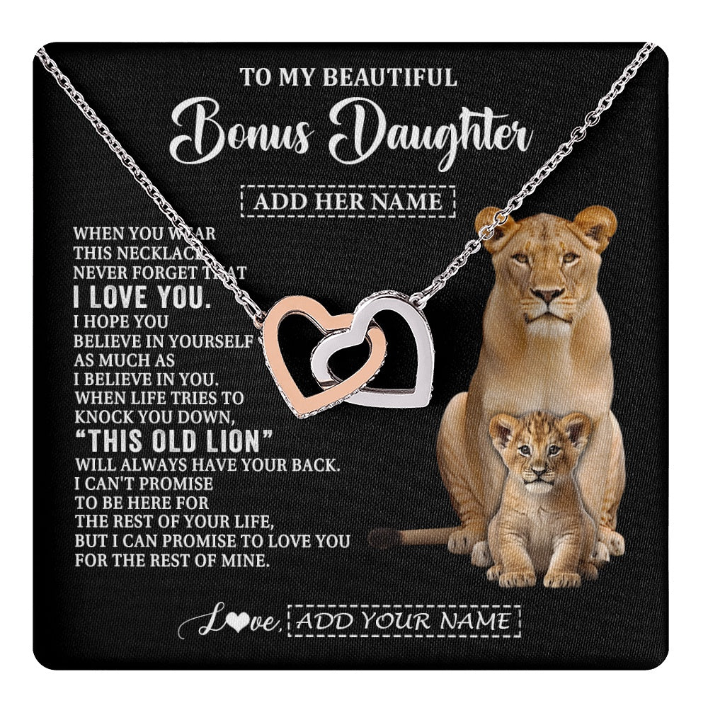 Interlocking Hearts Necklace Stainless Steel & Rose Gold Finish | 1 | Personalized To My Bonus Daughter Gifts From Stepmother Necklace This Old Lion Love You Stepdaughter Birthday Gifts Graduation Christmas Gift Box Message Card | https://teecentury.