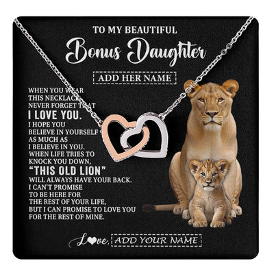Interlocking Hearts Necklace Stainless Steel & Rose Gold Finish | 1 | Personalized To My Bonus Daughter Gifts From Stepmother Necklace This Old Lion Love You Stepdaughter Birthday Gifts Graduation Christmas Gift Box Message Card | https://teecentury.