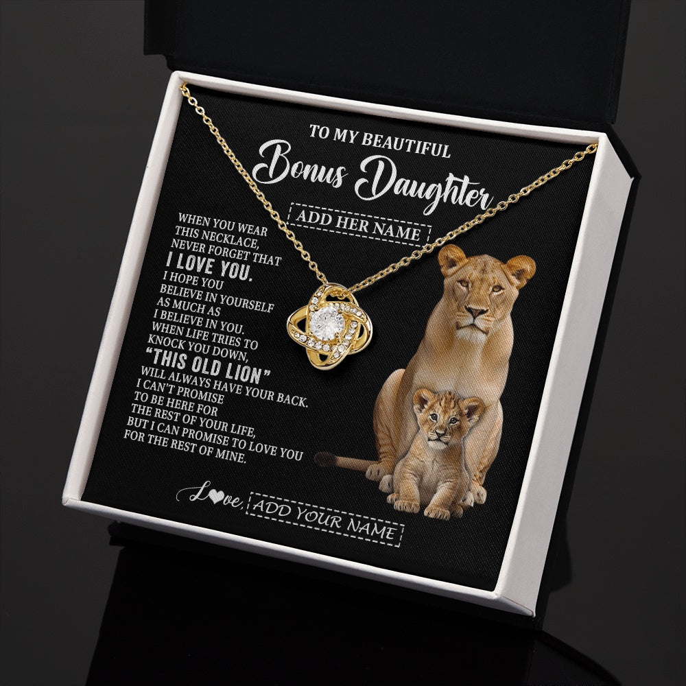 Love Knot Necklace 18K Yellow Gold Finish | 2 | Personalized To My Bonus Daughter Gifts From Stepmother Necklace This Old Lion Love You Stepdaughter Birthday Gifts Graduation Christmas Gift Box Message Card | https://teecentury.