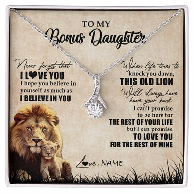 Alluring Beauty Necklace 14K White Gold Finish | Personalized To My Bonus Daughter Gifts Necklace From Bonus Dad Old Lion Stepdaughter Jewelry Birthday Graduation Christmas Customized Gift Box Message Card | teecentury