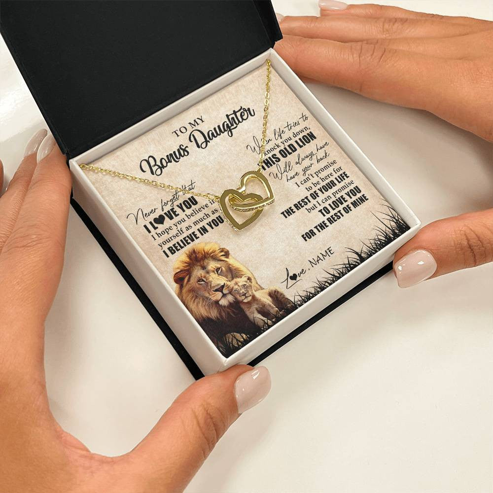 Interlocking Hearts Necklace 18K Yellow Gold Finish | Personalized To My Bonus Daughter Gifts Necklace From Bonus Dad Old Lion Stepdaughter Jewelry Birthday Graduation Christmas Customized Gift Box Message Card | teecentury