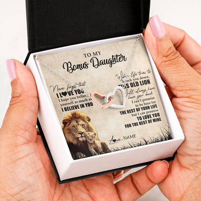 Interlocking Hearts Necklace Stainless Steel & Rose Gold Finish | Personalized To My Bonus Daughter Gifts Necklace From Bonus Dad Old Lion Stepdaughter Jewelry Birthday Graduation Christmas Customized Gift Box Message Card | teecentury