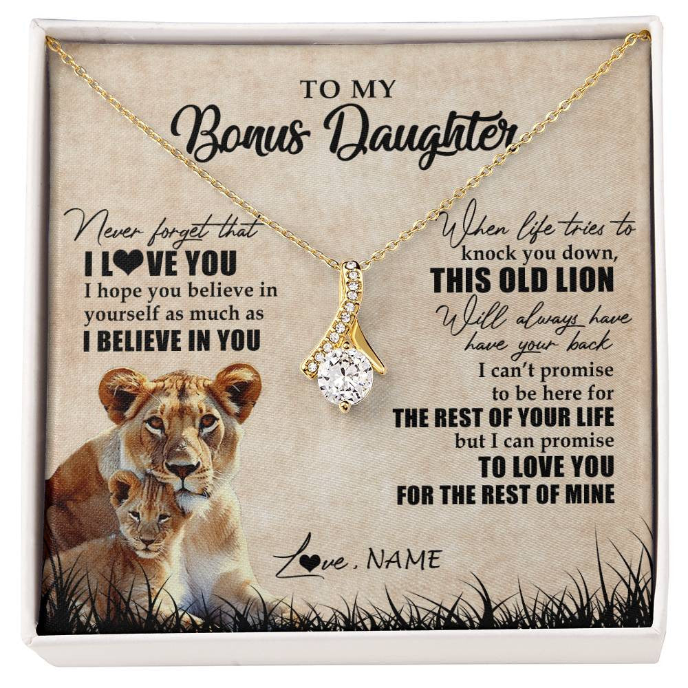 Alluring Beauty Necklace 18K Yellow Gold Finish | Personalized To My Bonus Daughter Gifts Necklace From Bonus Mom Old Lion Stepdaughter Jewelry Birthday Graduation Christmas Customized Gift Box Message Card | teecentury