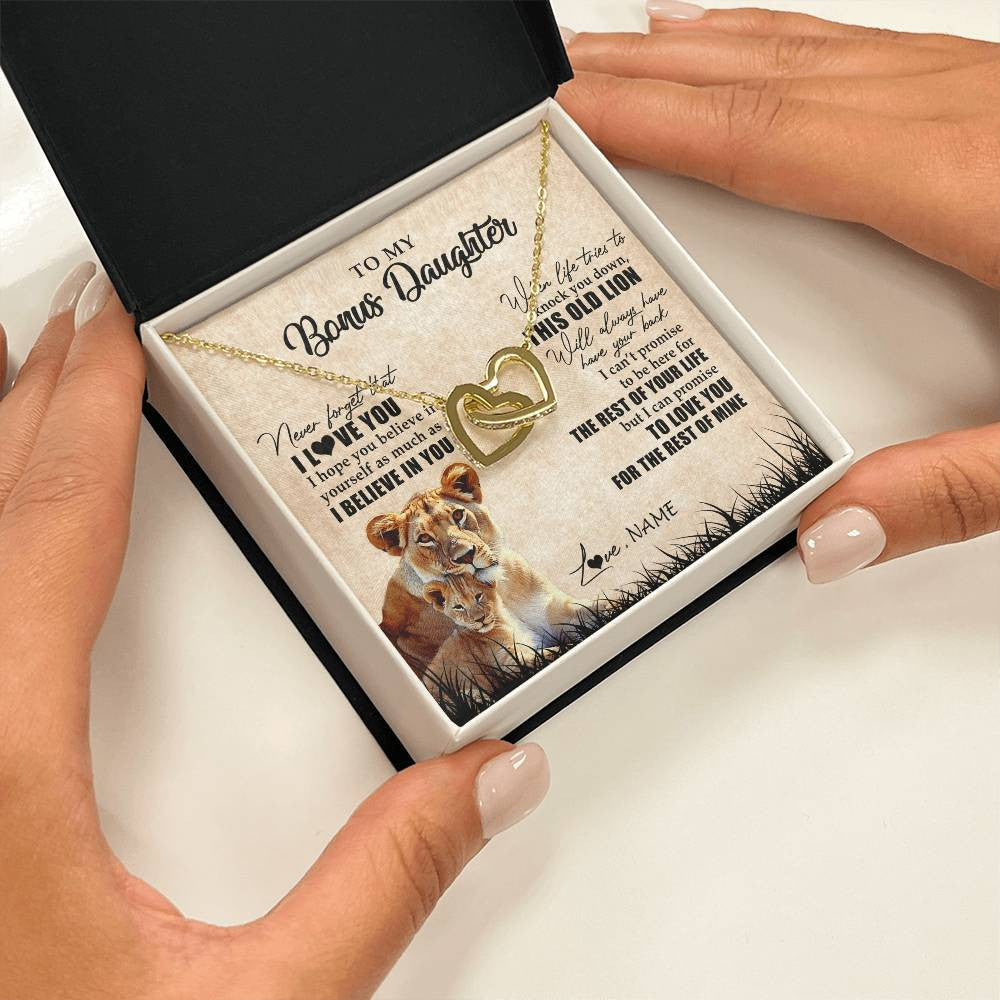 Interlocking Hearts Necklace 18K Yellow Gold Finish | Personalized To My Bonus Daughter Gifts Necklace From Bonus Mom Old Lion Stepdaughter Jewelry Birthday Graduation Christmas Customized Gift Box Message Card | teecentury