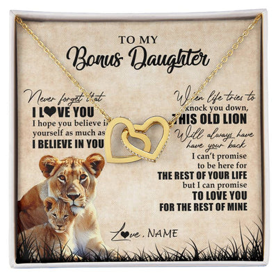 Interlocking Hearts Necklace 18K Yellow Gold Finish | Personalized To My Bonus Daughter Gifts Necklace From Bonus Mom Old Lion Stepdaughter Jewelry Birthday Graduation Christmas Customized Gift Box Message Card | teecentury