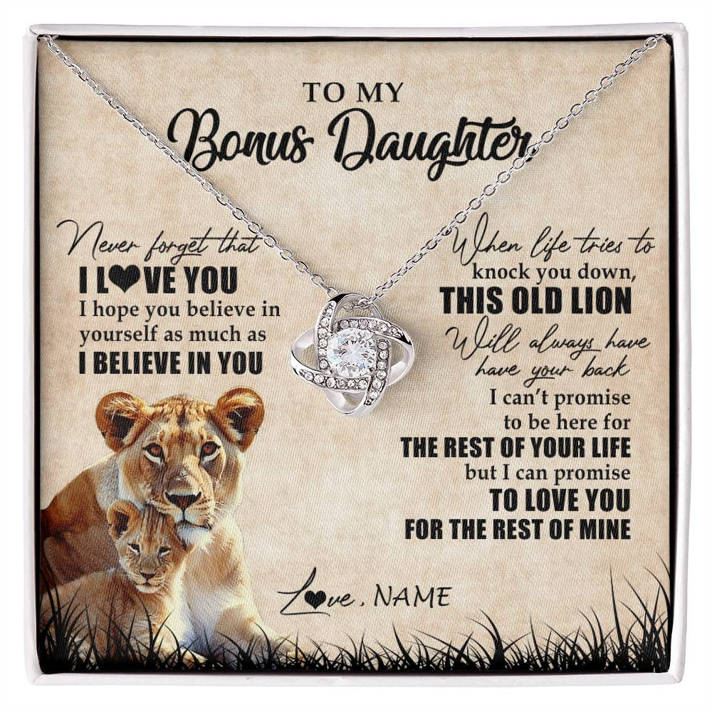 Love Knot Necklace 14K White Gold Finish | Personalized To My Bonus Daughter Gifts Necklace From Bonus Mom Old Lion Stepdaughter Jewelry Birthday Graduation Christmas Customized Gift Box Message Card | teecentury