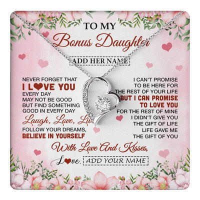 Forever Love Necklace 14K White Gold Finish | 1 | Personalized To My Bonus Daughter Gifts Necklace From Step Mom Floral I Love You Birthday Gifts For Stepdaughter Graduation Christmas Gift Box Message Card | https://teecentury.