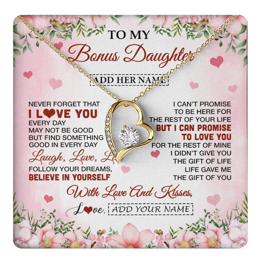 Forever Love Necklace 18K Yellow Gold Finish | 1 | Personalized To My Bonus Daughter Gifts Necklace From Step Mom Floral I Love You Birthday Gifts For Stepdaughter Graduation Christmas Gift Box Message Card | https://teecentury.