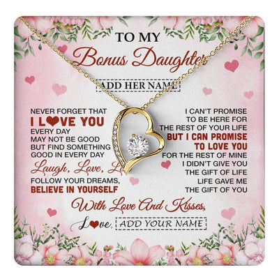 Forever Love Necklace 18K Yellow Gold Finish | 1 | Personalized To My Bonus Daughter Gifts Necklace From Step Mom Floral I Love You Birthday Gifts For Stepdaughter Graduation Christmas Gift Box Message Card | https://teecentury.