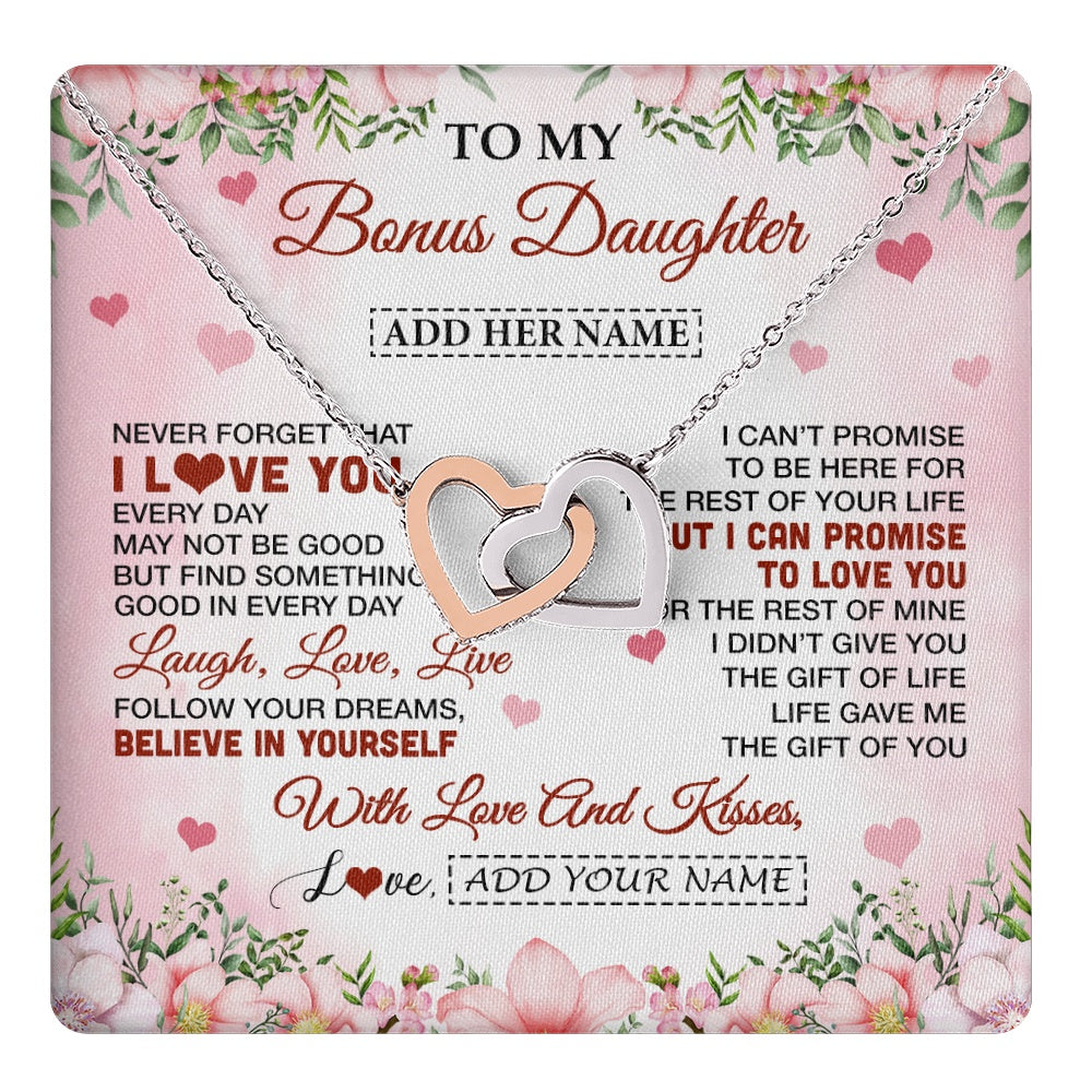 Interlocking Hearts Necklace Stainless Steel & Rose Gold Finish | 1 | Personalized To My Bonus Daughter Gifts Necklace From Step Mom Floral I Love You Birthday Gifts For Stepdaughter Graduation Christmas Gift Box Message Card | https://teecentury.