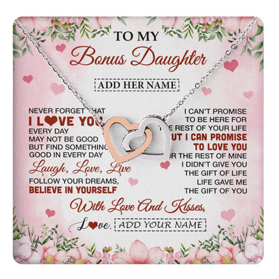 Interlocking Hearts Necklace Stainless Steel & Rose Gold Finish | 1 | Personalized To My Bonus Daughter Gifts Necklace From Step Mom Floral I Love You Birthday Gifts For Stepdaughter Graduation Christmas Gift Box Message Card | https://teecentury.