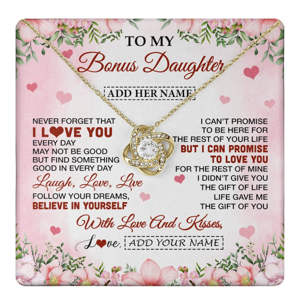 Love Knot Necklace 18K Yellow Gold Finish | 1 | Personalized To My Bonus Daughter Gifts Necklace From Step Mom Floral I Love You Birthday Gifts For Stepdaughter Graduation Christmas Gift Box Message Card | https://teecentury.