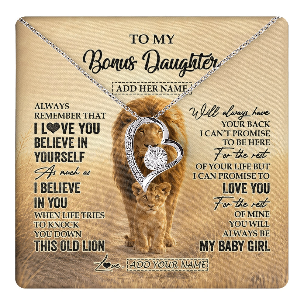 Forever Love Necklace 14K White Gold Finish | 1 | Personalized To My Bonus Daughter Gifts Necklace From Stepdad Always Remember Lion Gifts For Stepdaughter Birthday Graduation Christmas Gift Box Message Card | https://teecentury.