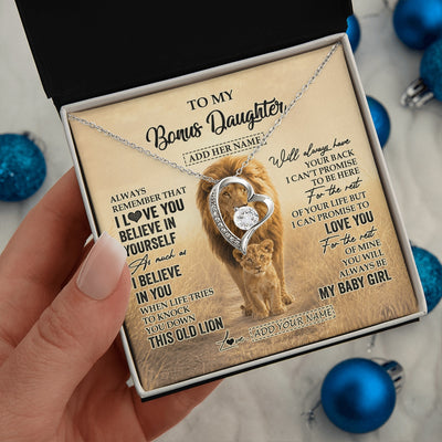 Forever Love Necklace 14K White Gold Finish | 2 | Personalized To My Bonus Daughter Gifts Necklace From Stepdad Always Remember Lion Gifts For Stepdaughter Birthday Graduation Christmas Gift Box Message Card | https://teecentury.