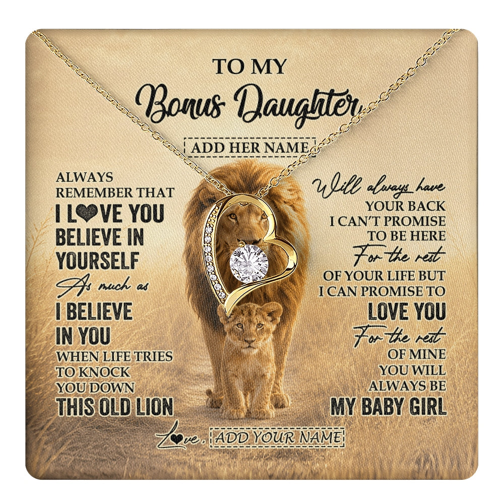 Forever Love Necklace 18K Yellow Gold Finish | 1 | Personalized To My Bonus Daughter Gifts Necklace From Stepdad Always Remember Lion Gifts For Stepdaughter Birthday Graduation Christmas Gift Box Message Card | https://teecentury.
