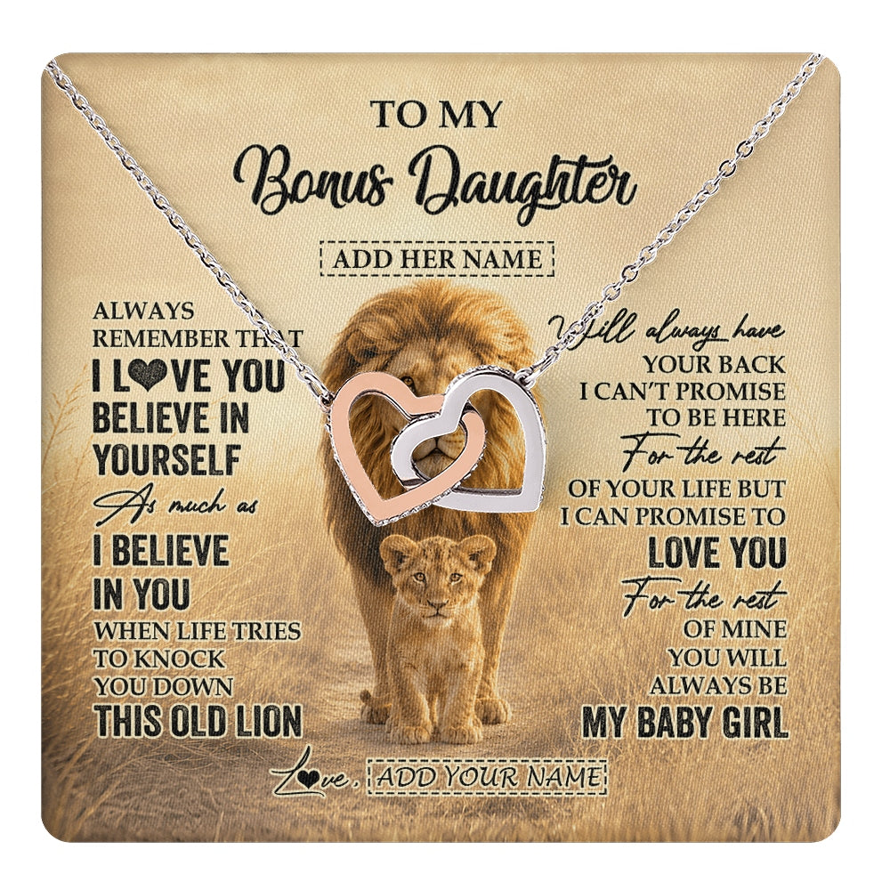 Interlocking Hearts Necklace Stainless Steel & Rose Gold Finish | 1 | Personalized To My Bonus Daughter Gifts Necklace From Stepdad Always Remember Lion Gifts For Stepdaughter Birthday Graduation Christmas Gift Box Message Card | https://teecentury.