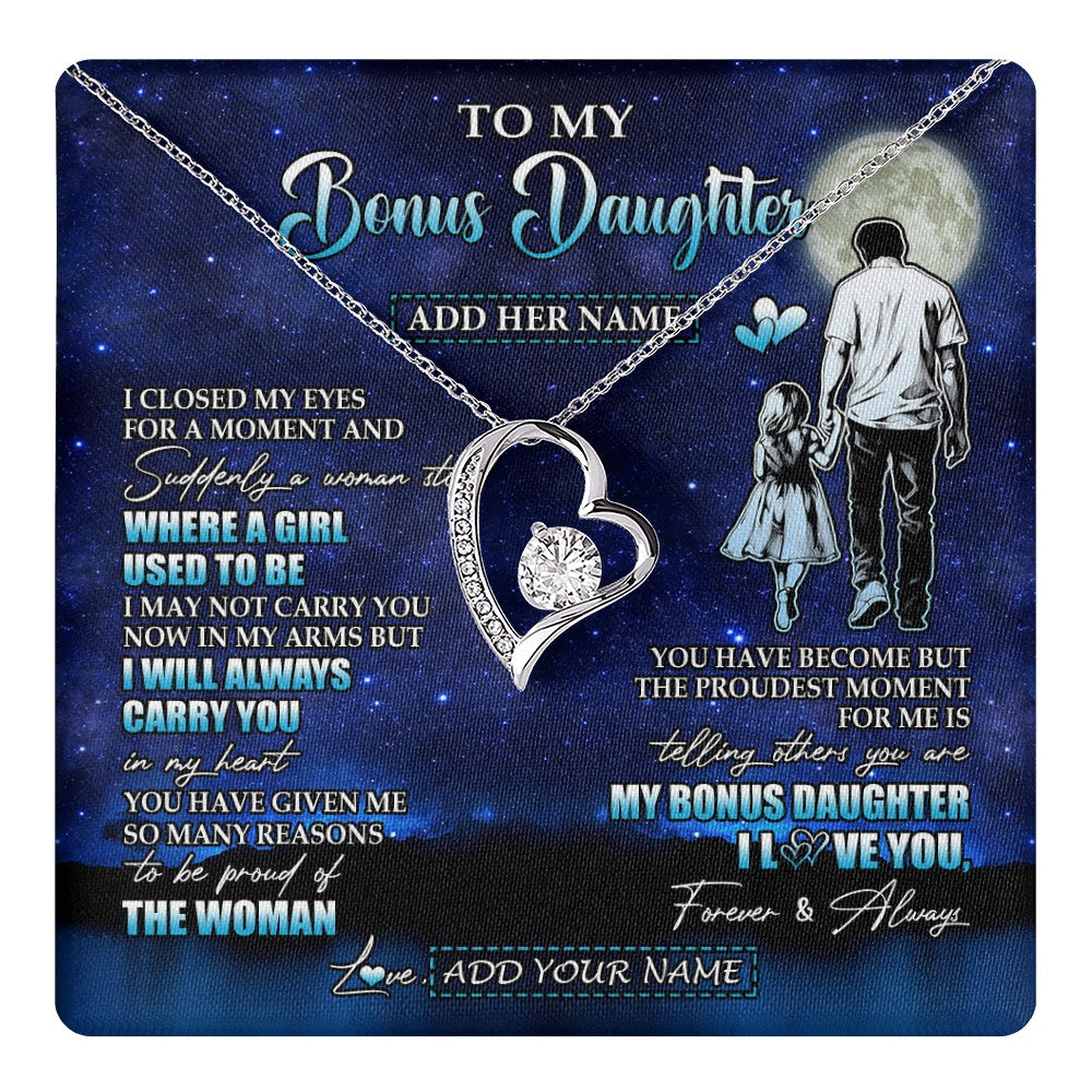 Forever Love Necklace 14K White Gold Finish | 1 | Personalized To My Bonus Daughter Gifts Necklace From Stepdad I Closed My Eyes For A Moment Stepdaughter Birthday Graduation Christmas Gift Box Message Card | teecentury.myshopify