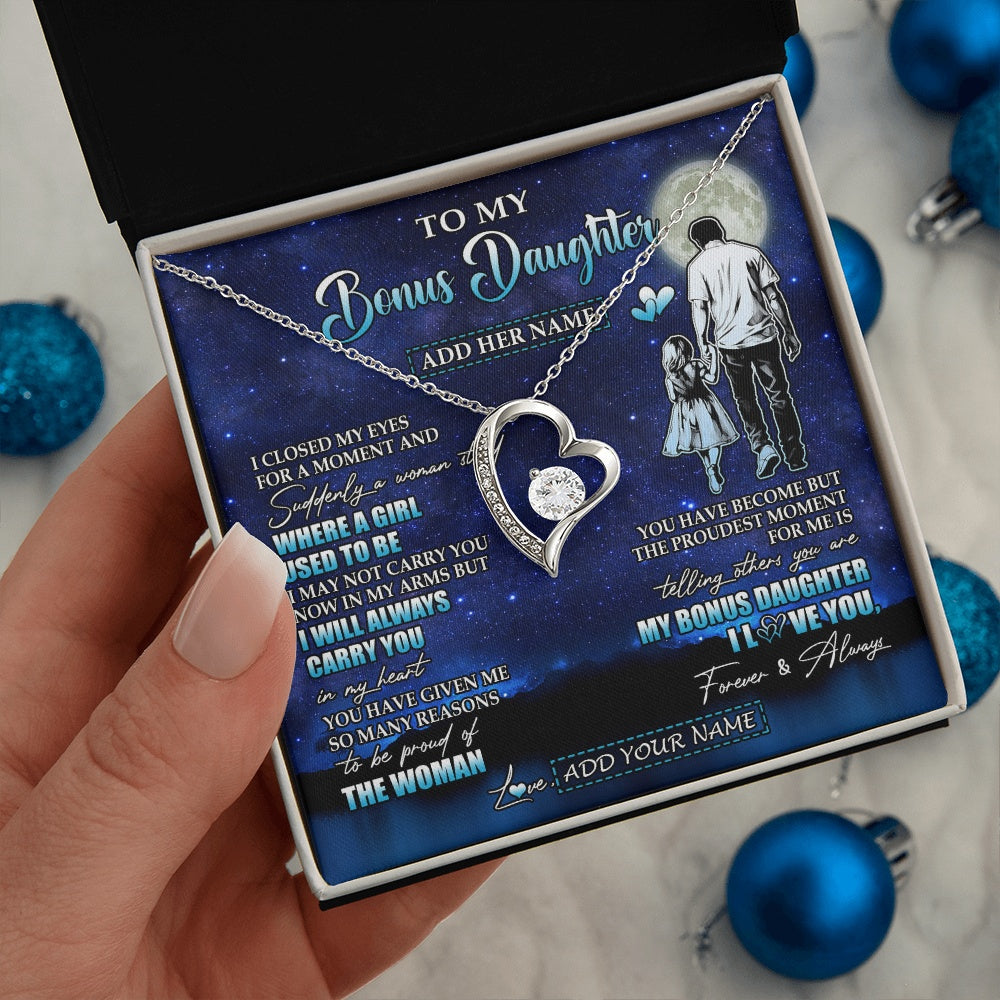 Forever Love Necklace 14K White Gold Finish | 2 | Personalized To My Bonus Daughter Gifts Necklace From Stepdad I Closed My Eyes For A Moment Stepdaughter Birthday Graduation Christmas Gift Box Message Card | teecentury.myshopify