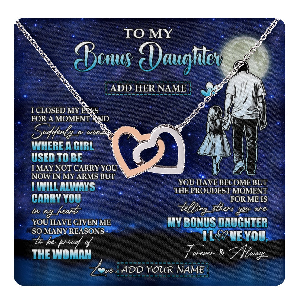 Interlocking Hearts Necklace Stainless Steel & Rose Gold Finish | 1 | Personalized To My Bonus Daughter Gifts Necklace From Stepdad I Closed My Eyes For A Moment Stepdaughter Birthday Graduation Christmas Gift Box Message Card | teecentury.myshopify