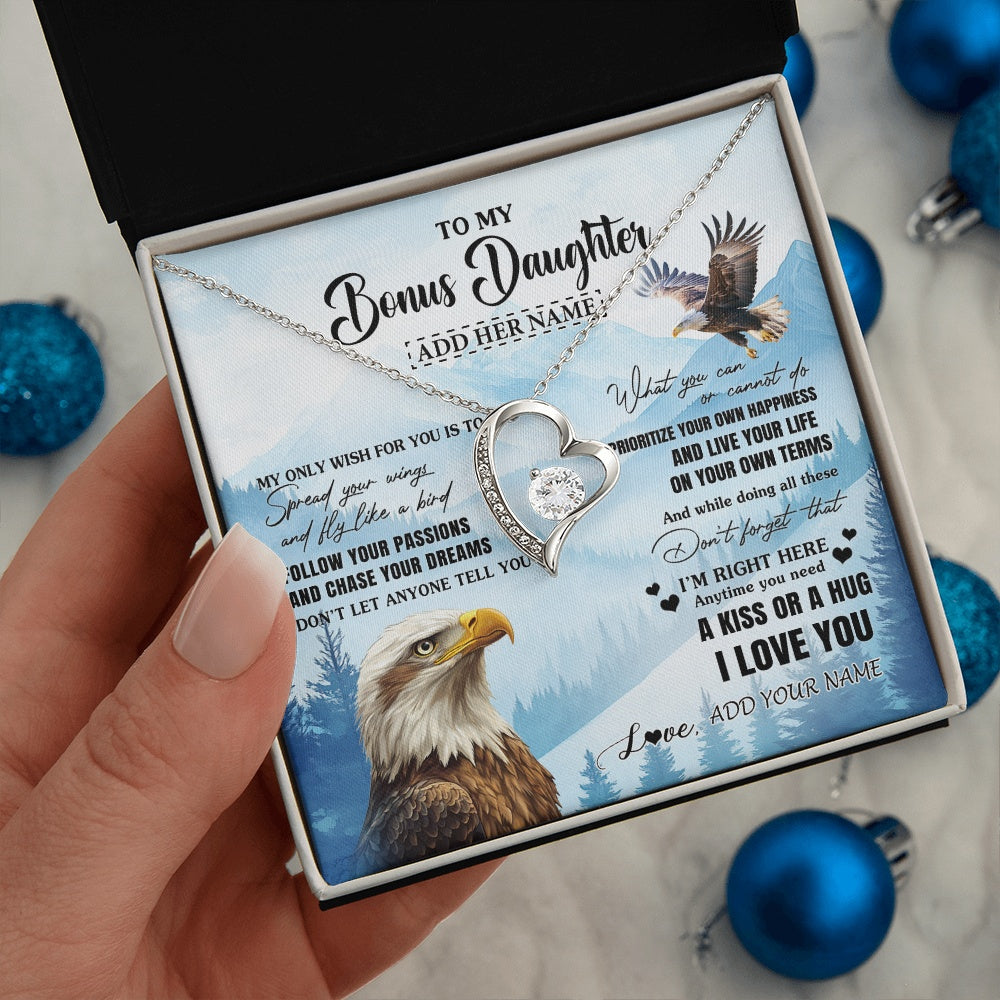 Forever Love Necklace 14K White Gold Finish | 2 | Personalized To My Bonus Daughter Gifts Necklace From Stepdad Stepmom Eagle My Only Wish For You Stepdaughter Birthday Gifts Christmas Gift Box Message Card | teecentury.myshopify