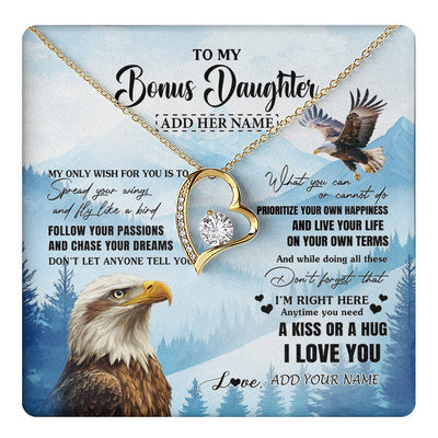 Forever Love Necklace 18K Yellow Gold Finish | 1 | Personalized To My Bonus Daughter Gifts Necklace From Stepdad Stepmom Eagle My Only Wish For You Stepdaughter Birthday Gifts Christmas Gift Box Message Card | teecentury.myshopify