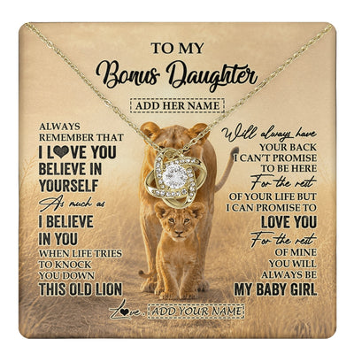 Love Knot Necklace 18K Yellow Gold Finish | 1 | Personalized To My Bonus Daughter Gifts Necklace From Stepmom Always Remember Lion Gifts For Stepdaughter Birthday Graduation Christmas Gift Box Message Card | https://teecentury.