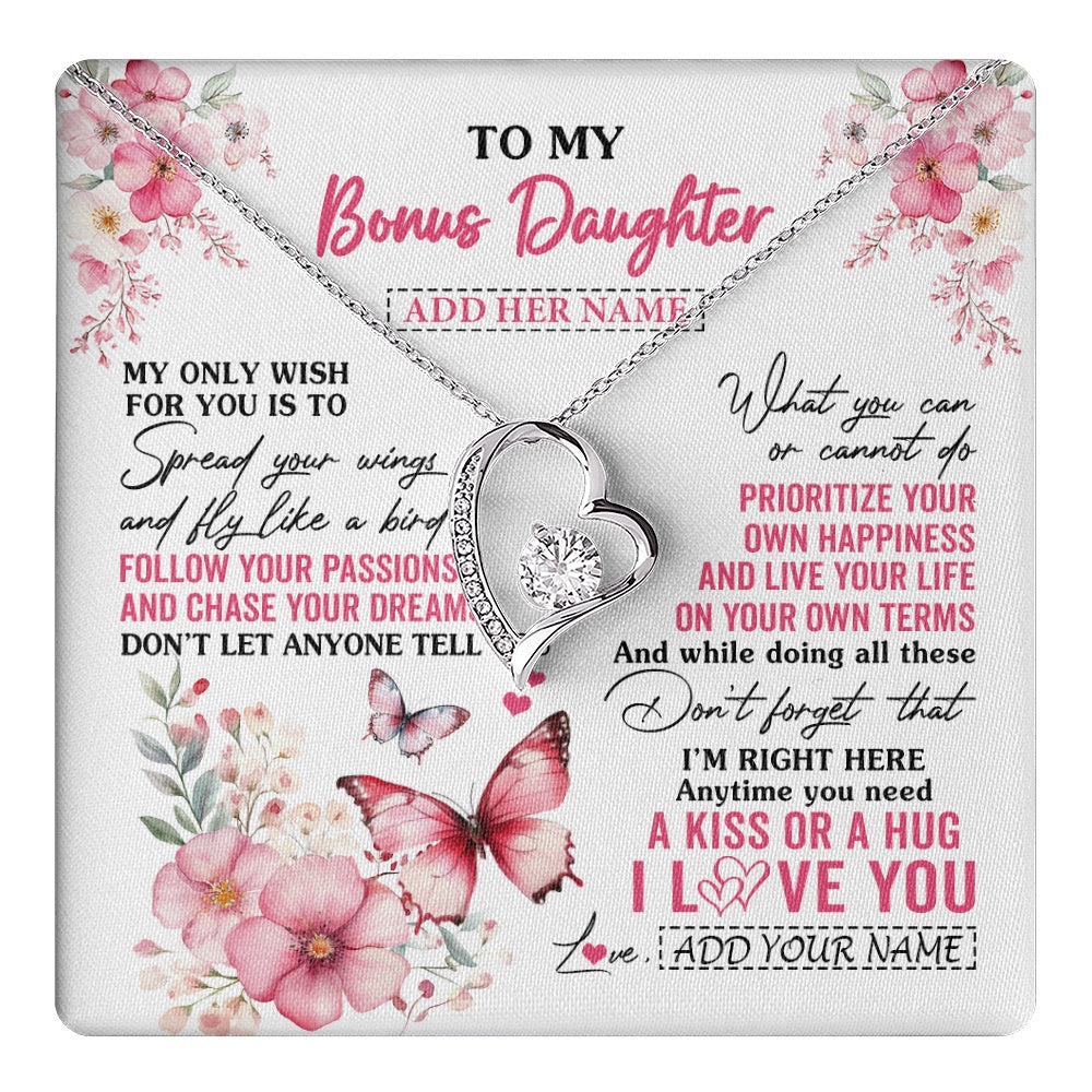 Forever Love Necklace 14K White Gold Finish | 1 | Personalized To My Bonus Daughter Gifts Necklace From Stepmom Butterfly My Only Wish For You Stepdaughter Birthday Gifts Christmas Gift Box Message Card | teecentury.myshopify