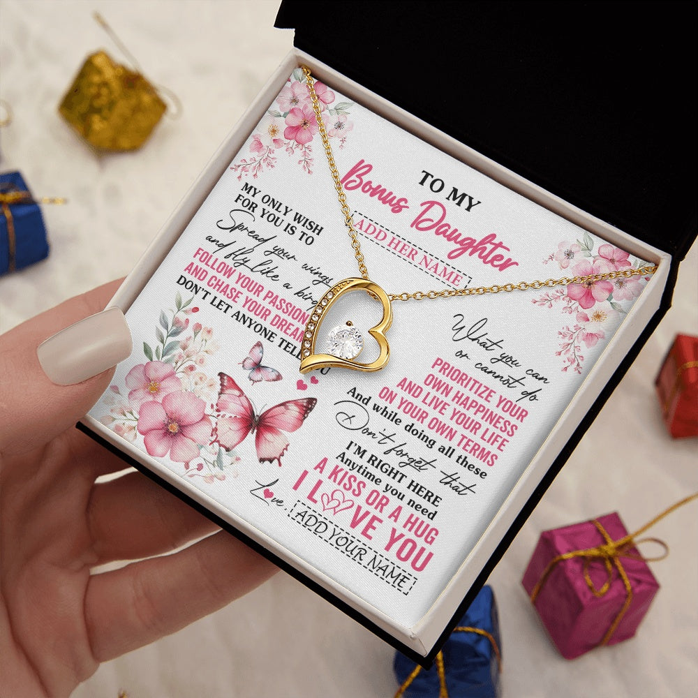 Forever Love Necklace 18K Yellow Gold Finish | 2 | Personalized To My Bonus Daughter Gifts Necklace From Stepmom Butterfly My Only Wish For You Stepdaughter Birthday Gifts Christmas Gift Box Message Card | teecentury.myshopify