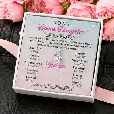 Alluring Beauty Necklace 14K White Gold Finish | 2 | Personalized To My Bonus Daughter Gifts Necklace From Stepmom Christian Religious Jewelry Gifts For Stepdaughter Birthday Christmas Gift Box Message Card | https://teecentury.