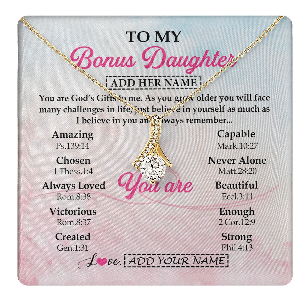 Alluring Beauty Necklace 18K Yellow Gold Finish | 1 | Personalized To My Bonus Daughter Gifts Necklace From Stepmom Christian Religious Jewelry Gifts For Stepdaughter Birthday Christmas Gift Box Message Card | https://teecentury.