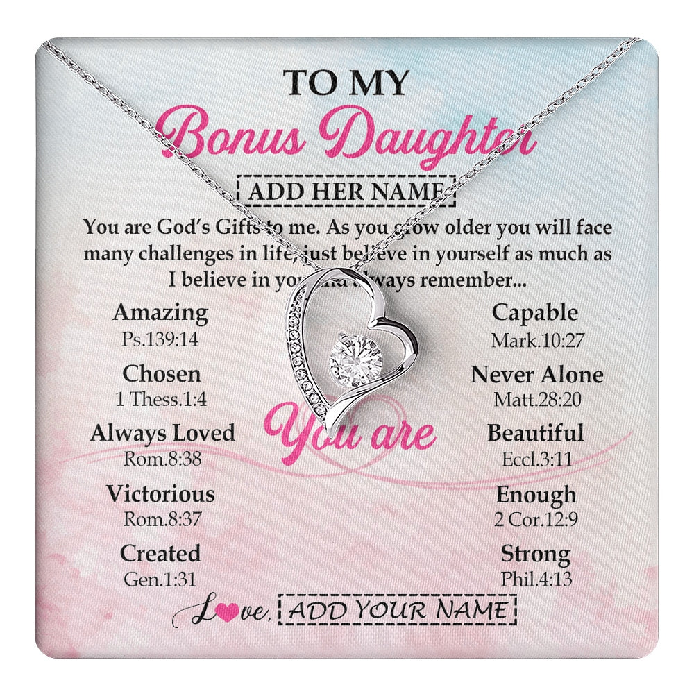 Forever Love Necklace 14K White Gold Finish | 1 | Personalized To My Bonus Daughter Gifts Necklace From Stepmom Christian Religious Jewelry Gifts For Stepdaughter Birthday Christmas Gift Box Message Card | https://teecentury.