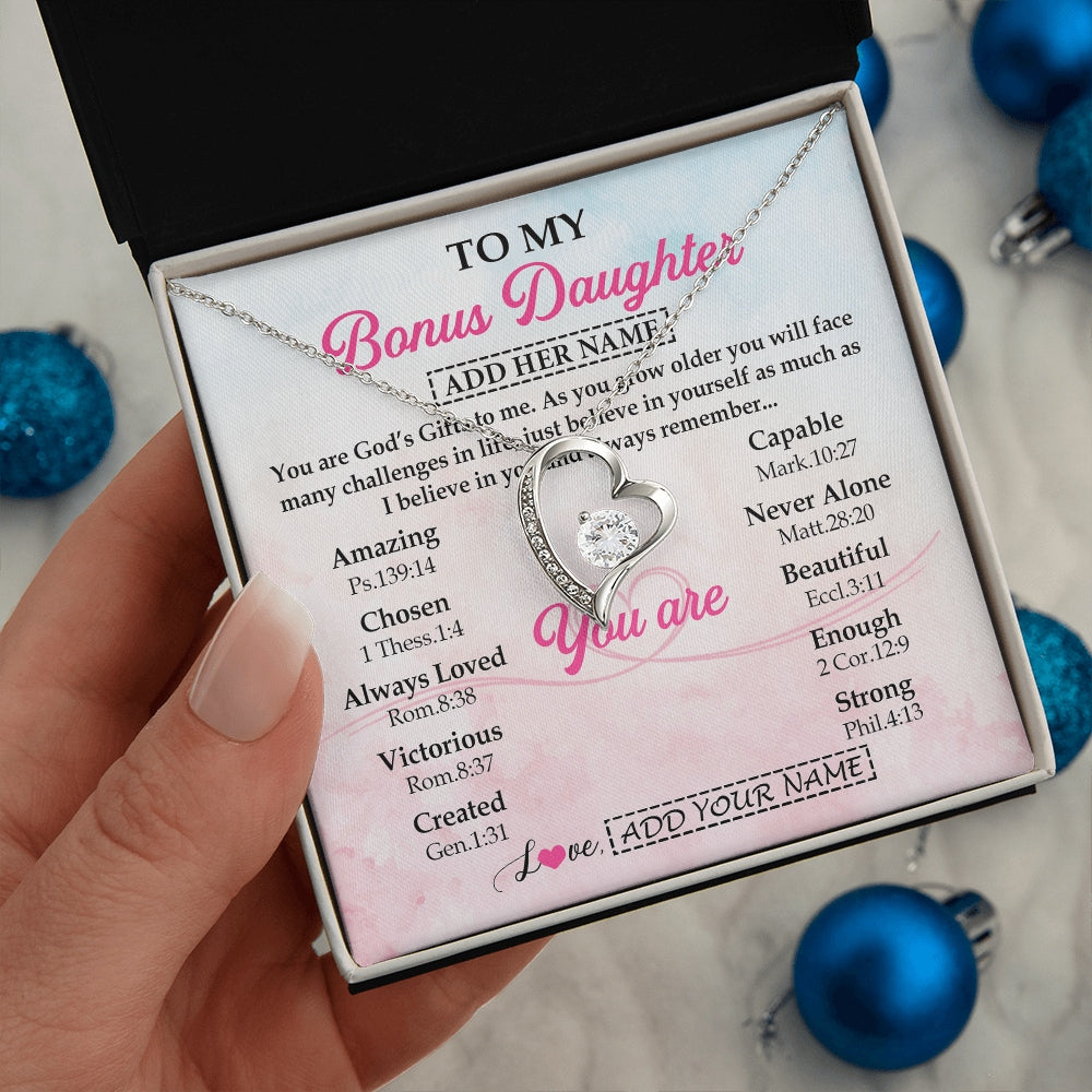 Forever Love Necklace 14K White Gold Finish | 2 | Personalized To My Bonus Daughter Gifts Necklace From Stepmom Christian Religious Jewelry Gifts For Stepdaughter Birthday Christmas Gift Box Message Card | https://teecentury.