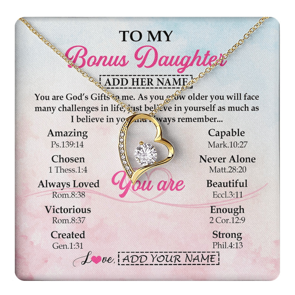 Forever Love Necklace 18K Yellow Gold Finish | 1 | Personalized To My Bonus Daughter Gifts Necklace From Stepmom Christian Religious Jewelry Gifts For Stepdaughter Birthday Christmas Gift Box Message Card | https://teecentury.
