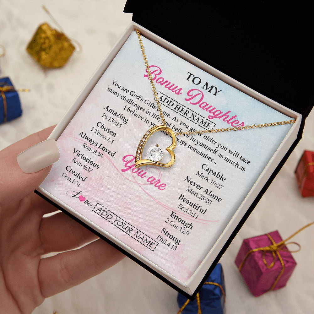 Forever Love Necklace 18K Yellow Gold Finish | 2 | Personalized To My Bonus Daughter Gifts Necklace From Stepmom Christian Religious Jewelry Gifts For Stepdaughter Birthday Christmas Gift Box Message Card | https://teecentury.