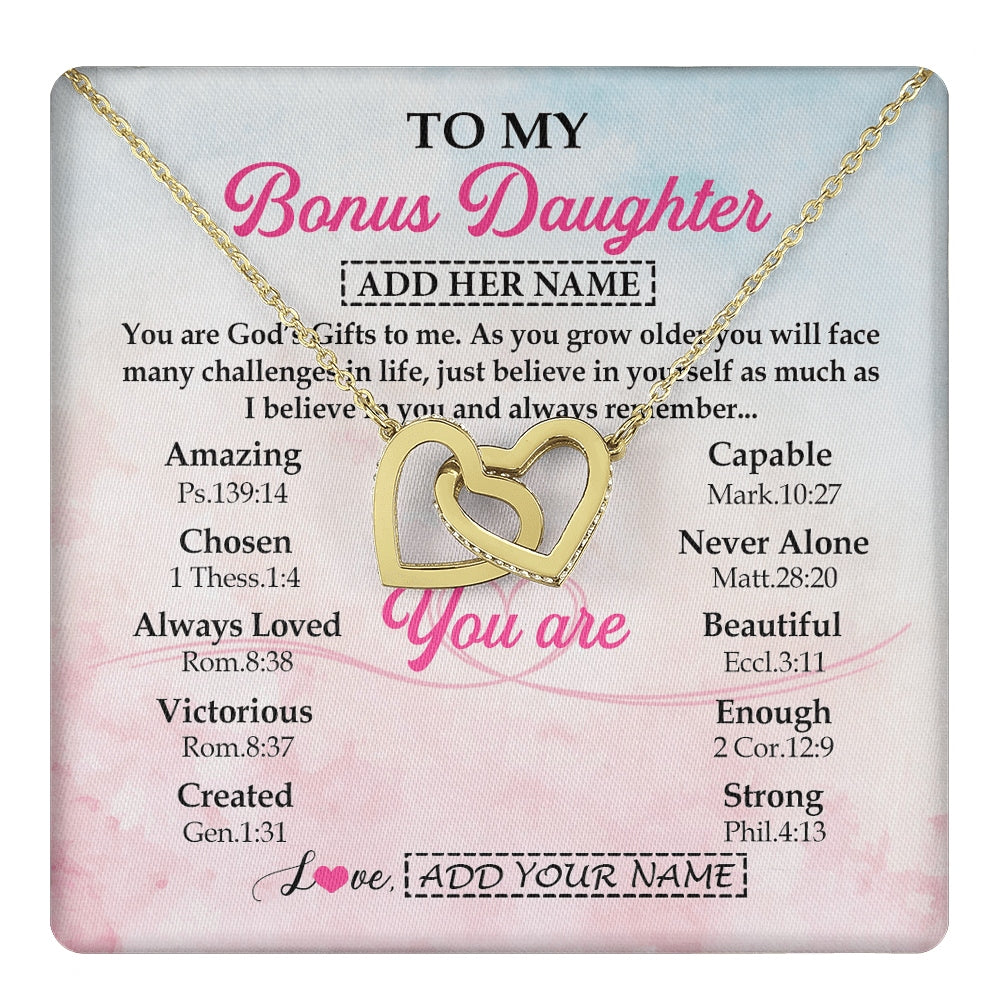 Interlocking Hearts Necklace 18K Yellow Gold Finish | 1 | Personalized To My Bonus Daughter Gifts Necklace From Stepmom Christian Religious Jewelry Gifts For Stepdaughter Birthday Christmas Gift Box Message Card | https://teecentury.