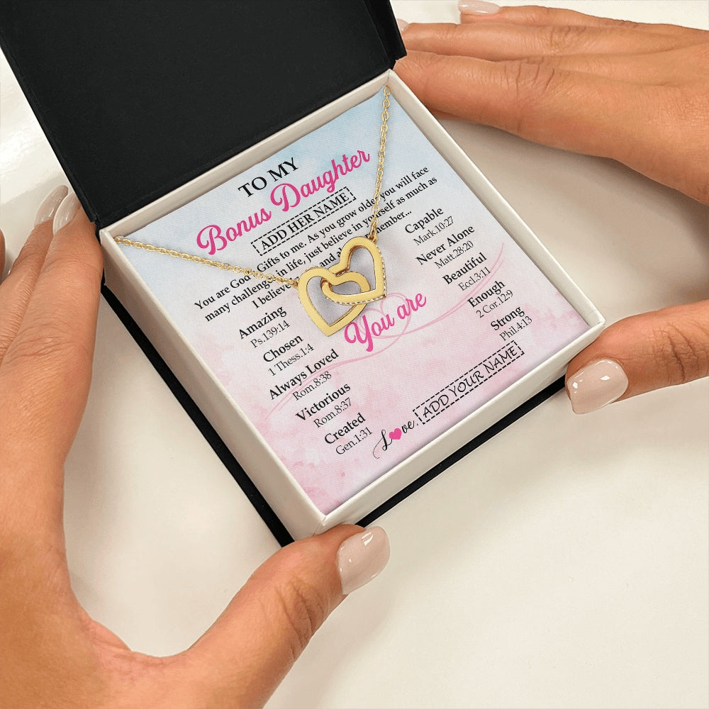 Interlocking Hearts Necklace 18K Yellow Gold Finish | 2 | Personalized To My Bonus Daughter Gifts Necklace From Stepmom Christian Religious Jewelry Gifts For Stepdaughter Birthday Christmas Gift Box Message Card | https://teecentury.