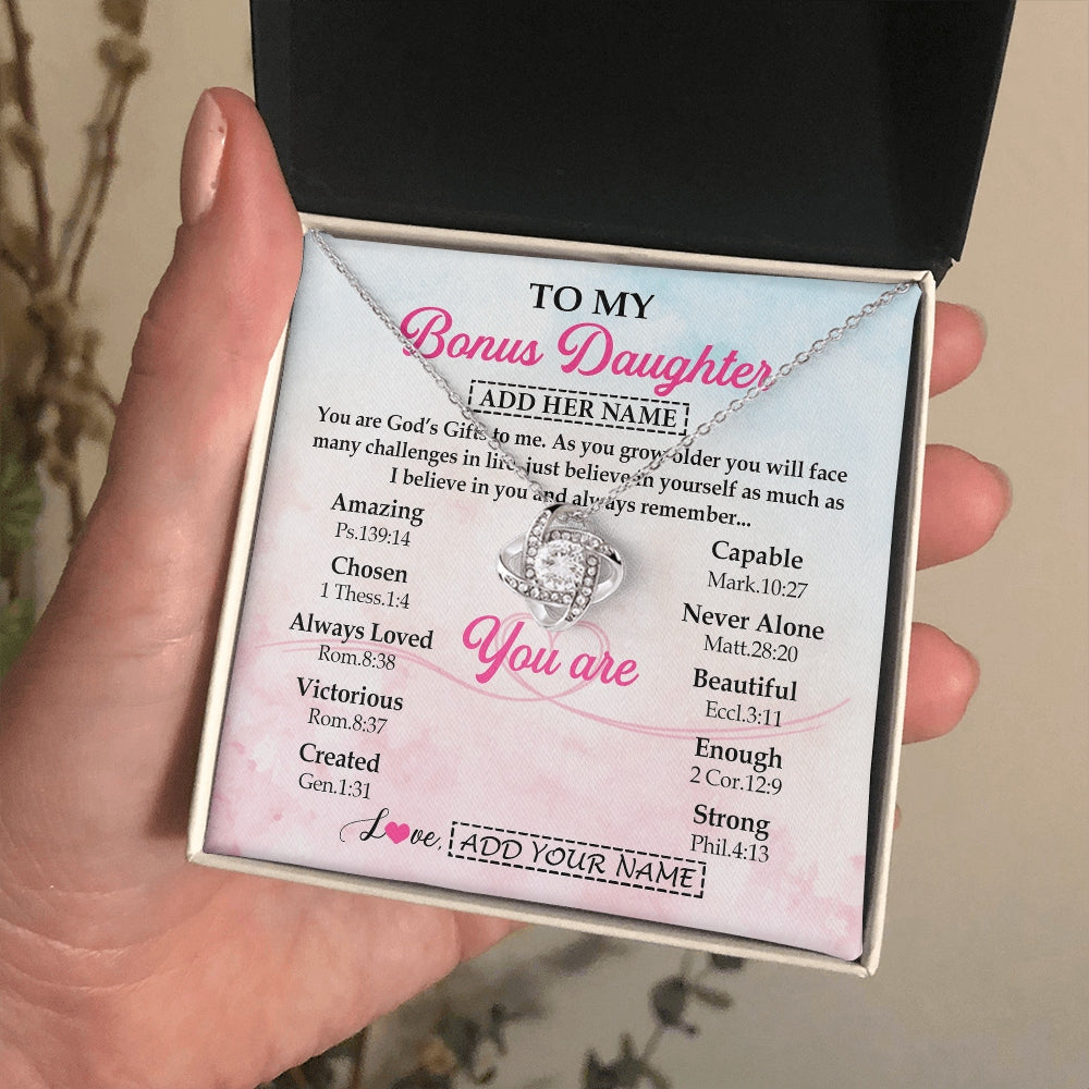 Love Knot Necklace 14K White Gold Finish | 2 | Personalized To My Bonus Daughter Gifts Necklace From Stepmom Christian Religious Jewelry Gifts For Stepdaughter Birthday Christmas Gift Box Message Card | https://teecentury.